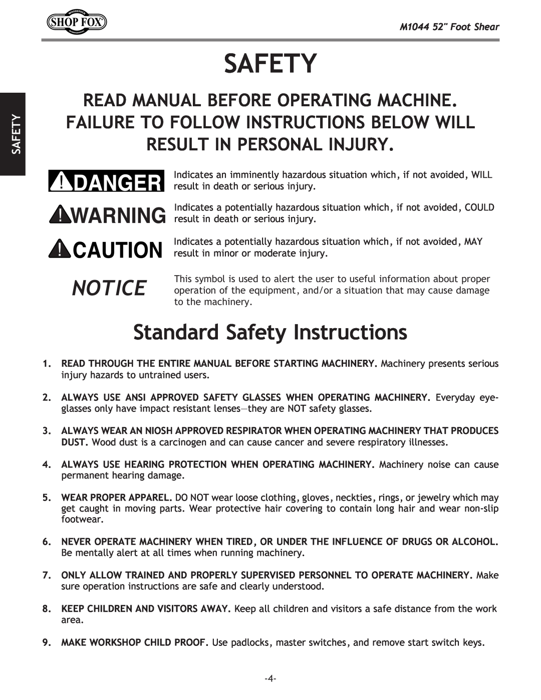 Woodstock manual Standard Safety Instructions, M1044 52 Foot Shear 