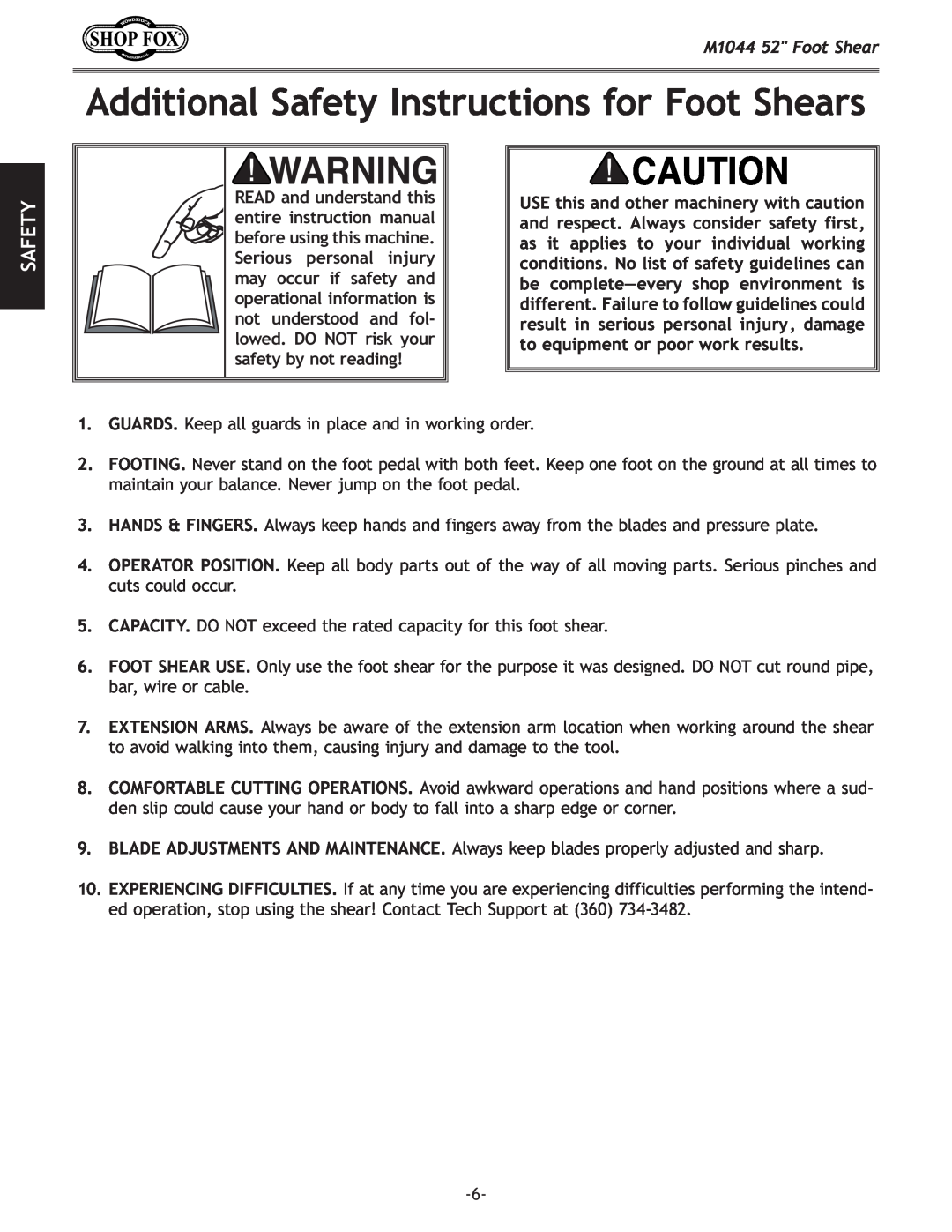 Woodstock manual Additional Safety Instructions for Foot Shears, M1044 52 Foot Shear 