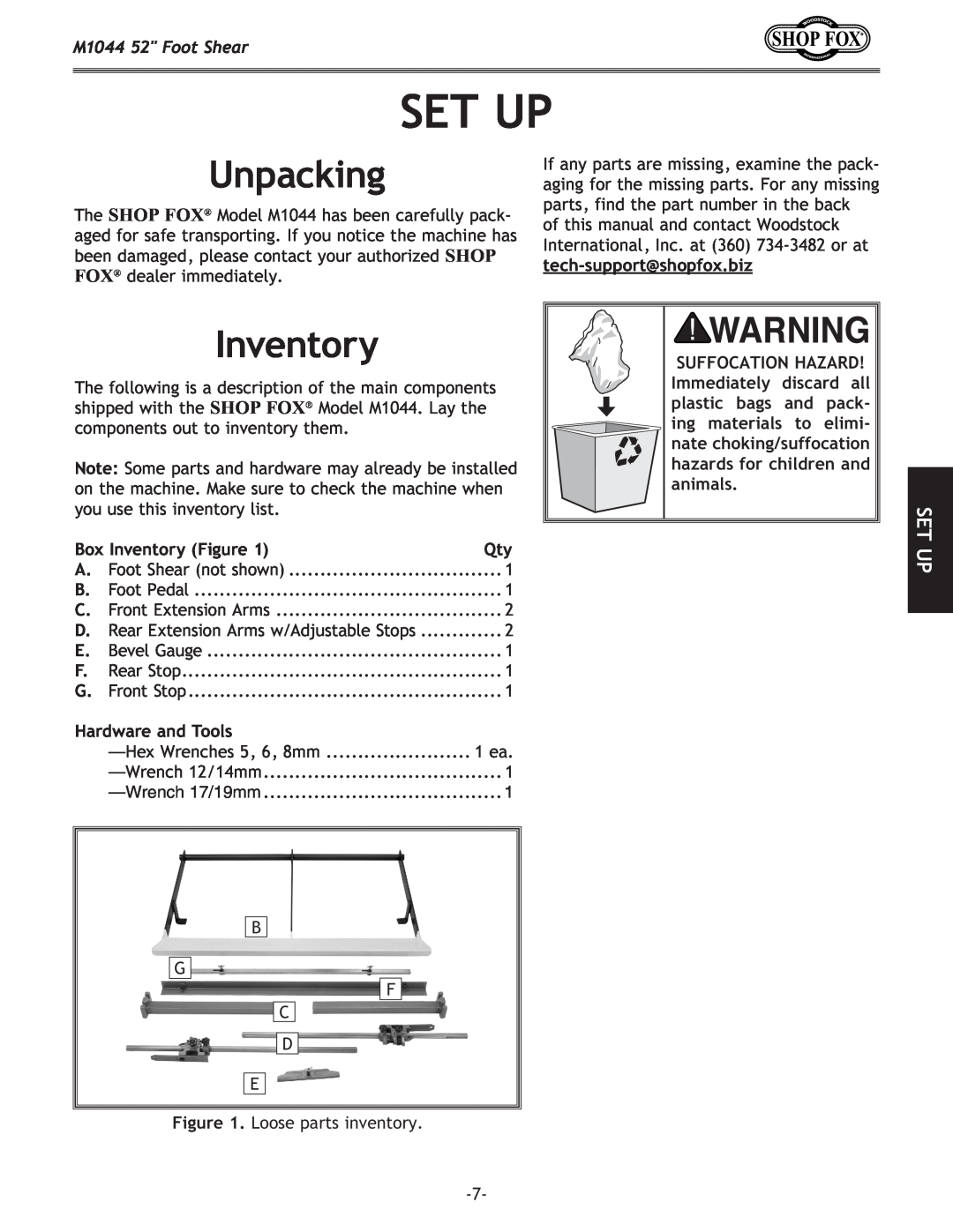 Woodstock manual Set Up, Unpacking, Box Inventory Figure, Hardware and Tools, M1044 52 Foot Shear 