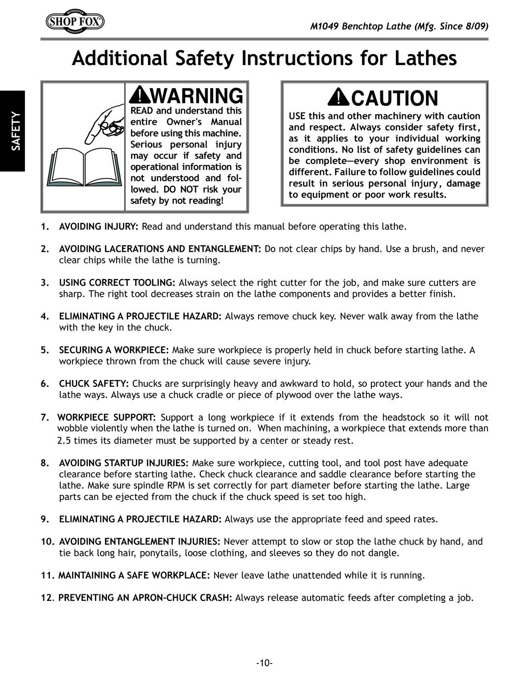 Woodstock M1049 manual Additional Safety Instructions for Lathes 