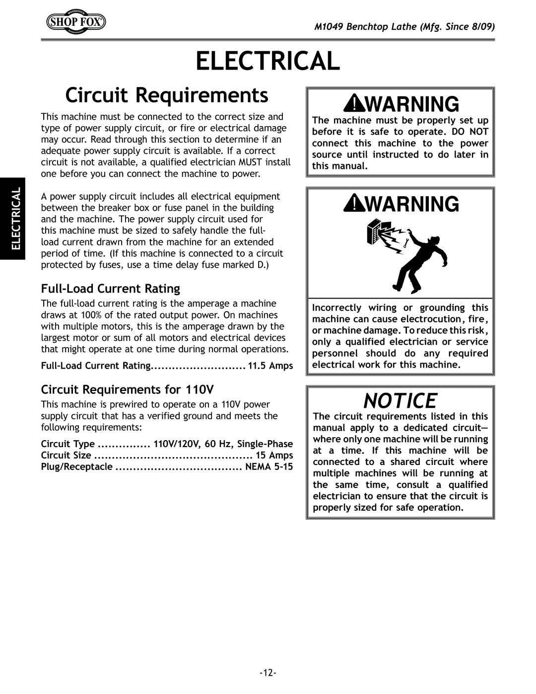 Woodstock M1049 manual Electrical, Circuit Requirements, Amps, Nema 