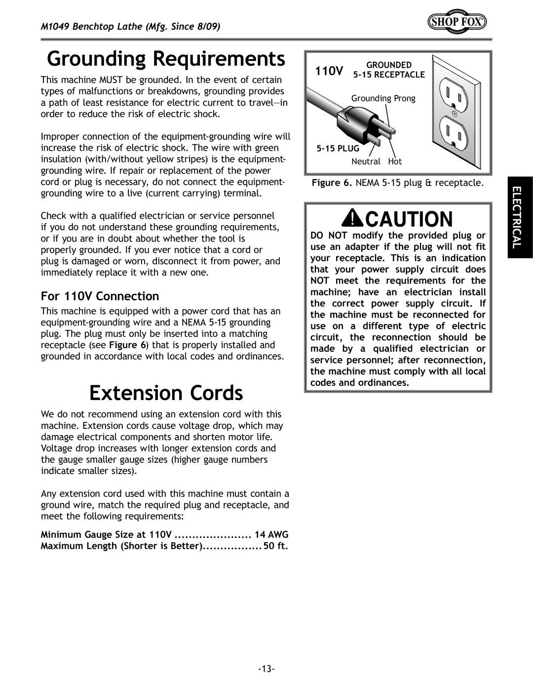 Woodstock M1049 manual Grounding Requirements, Extension Cords, 50 ft 