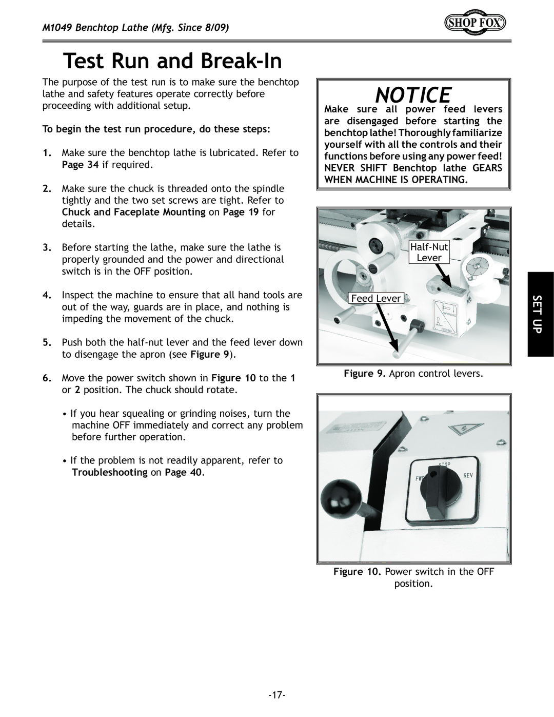 Woodstock M1049 manual Test Run and Break-In, To begin the test run procedure, do these steps 