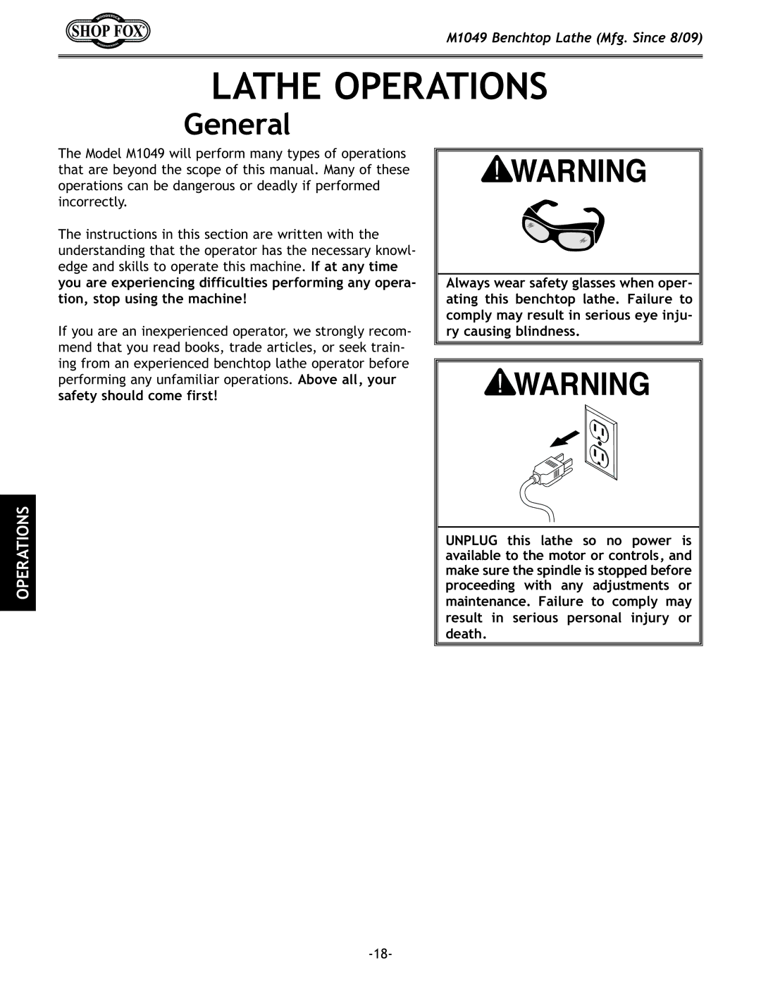 Woodstock M1049 manual Lathe Operations, General 