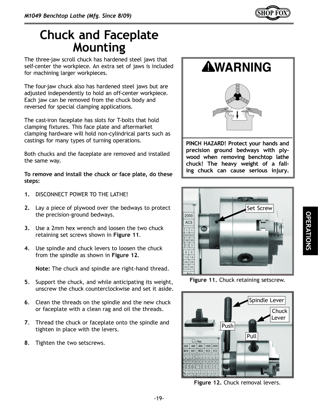 Woodstock M1049 manual Chuck and Faceplate Mounting, Disconnect Power to the Lathe 