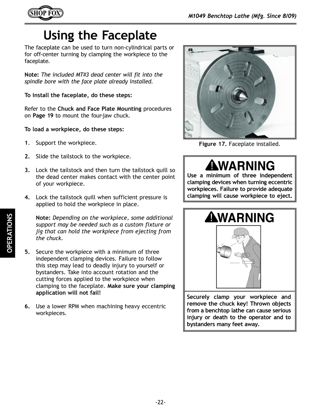 Woodstock M1049 manual Using the Faceplate, To install the faceplate, do these steps 