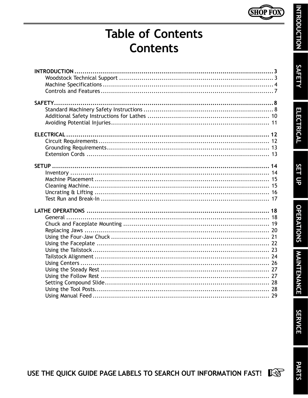 Woodstock M1049 manual Table of Contents 