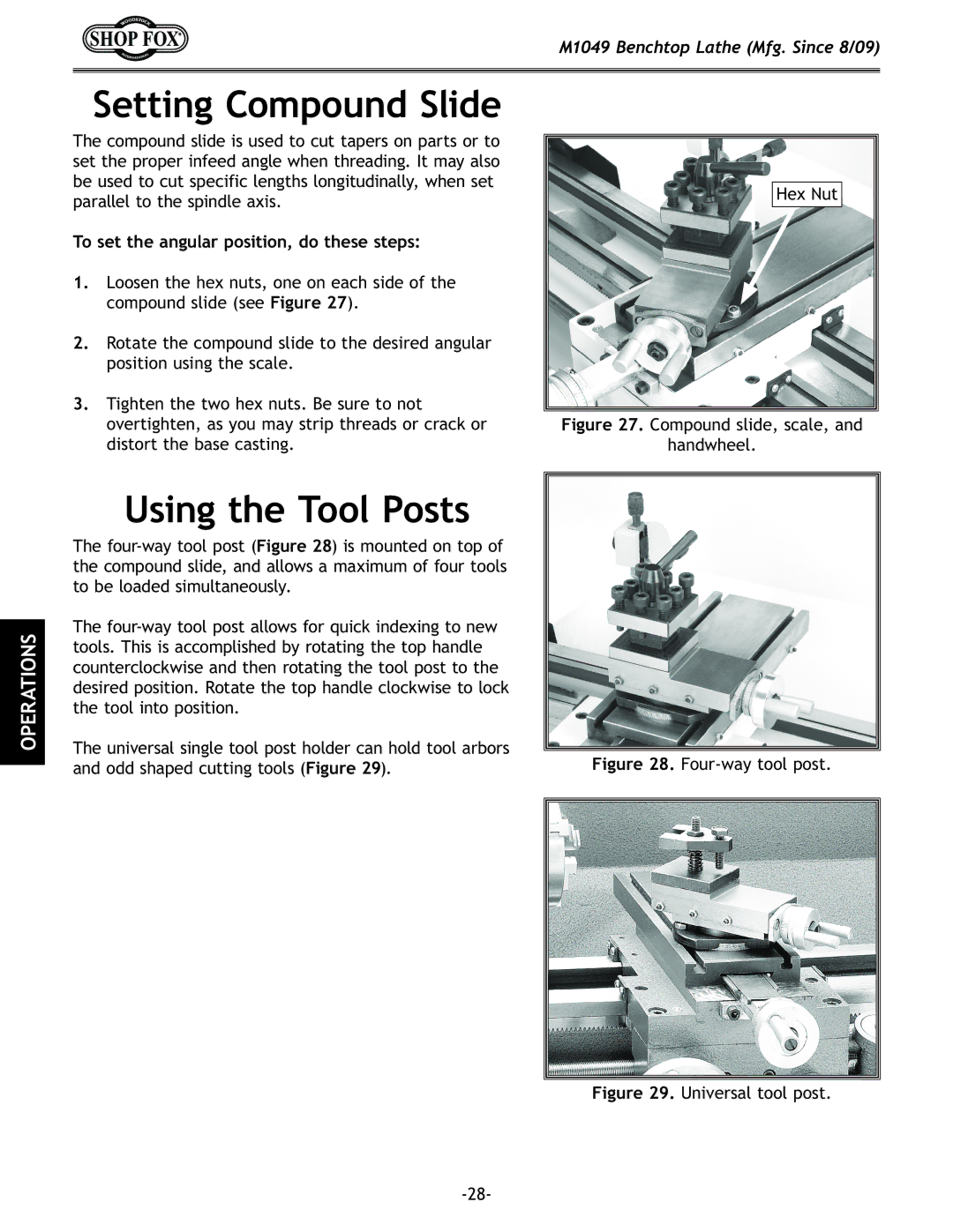 Woodstock M1049 manual Setting Compound Slide, Using the Tool Posts, To set the angular position, do these steps 