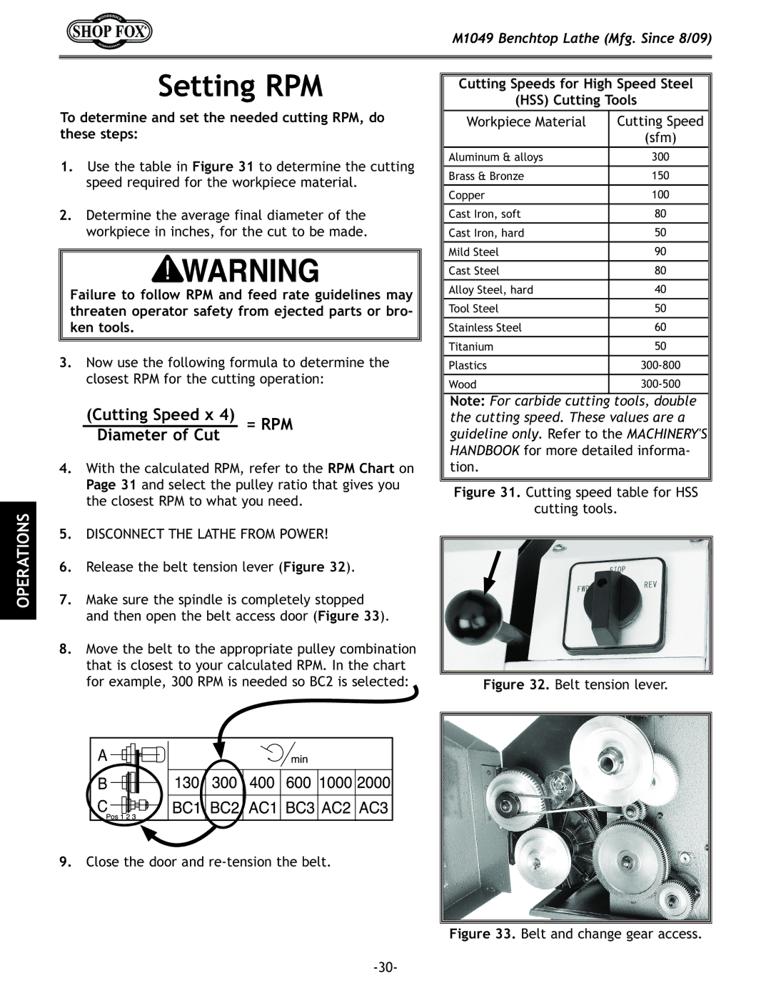 Woodstock M1049 manual Setting RPM, To determine and set the needed cutting RPM, do these steps 