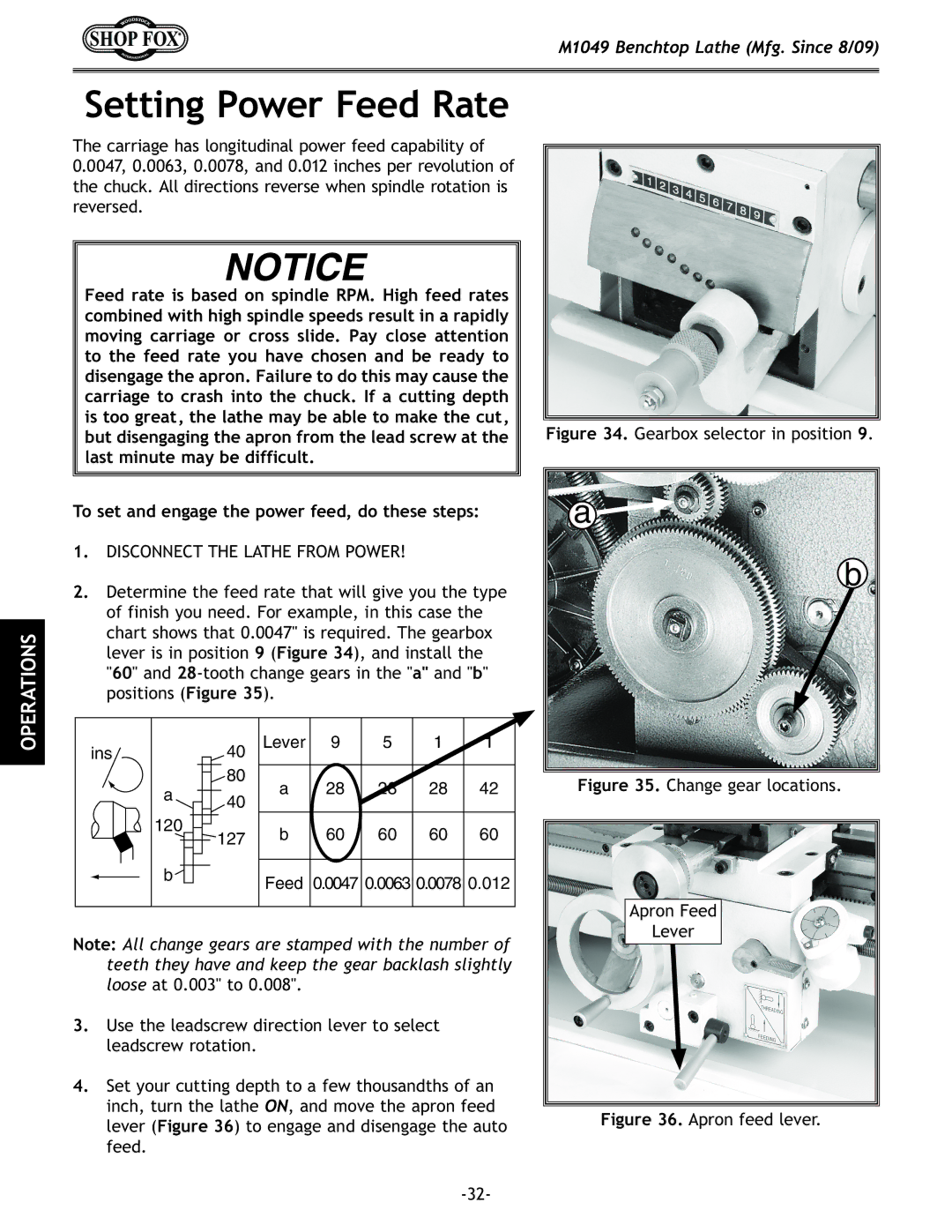 Woodstock M1049 manual Setting Power Feed Rate, To set and engage the power feed, do these steps 