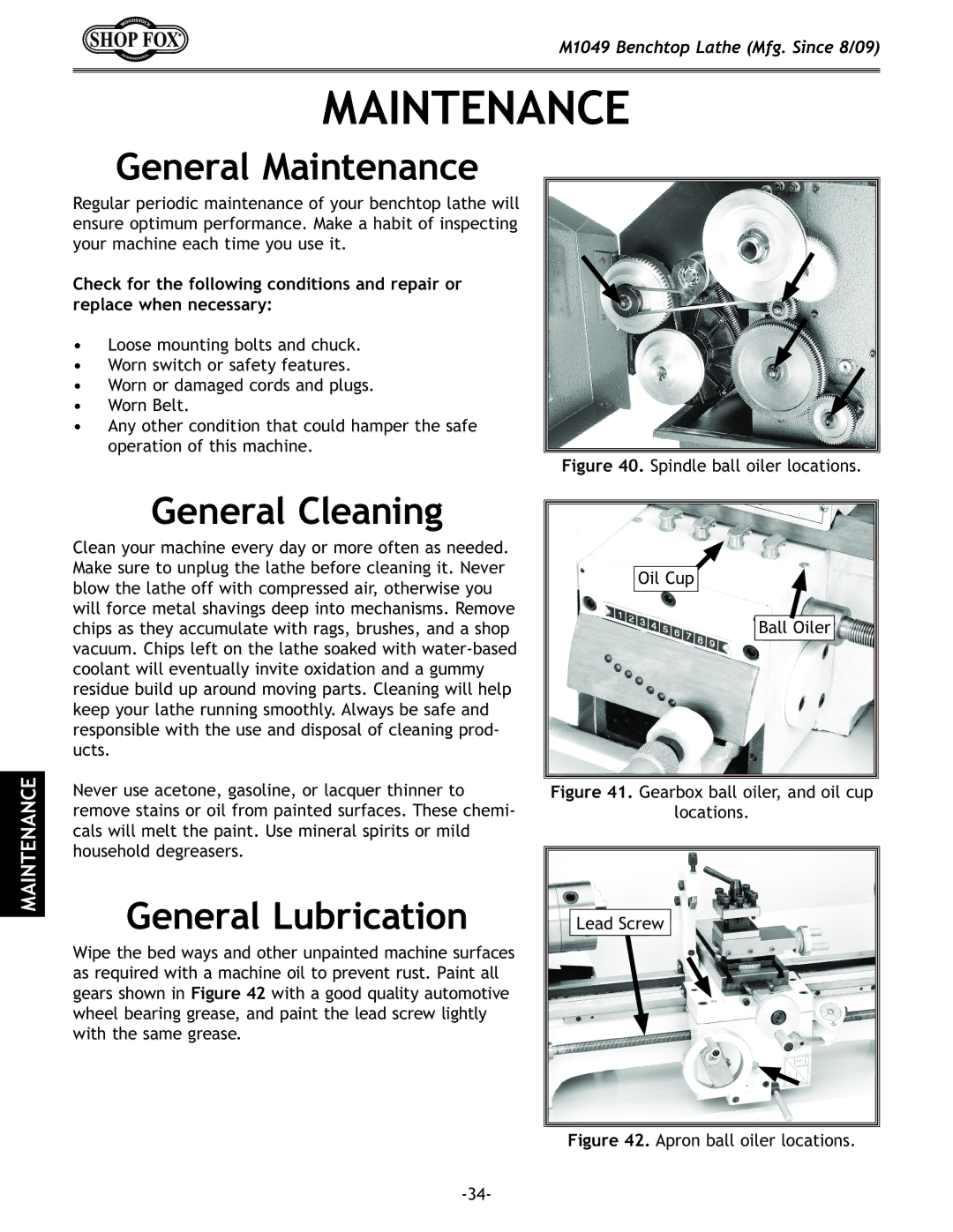 Woodstock M1049 manual General Maintenance, General Cleaning, General Lubrication 