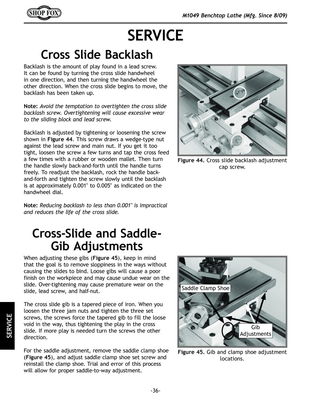 Woodstock M1049 manual Service, Cross Slide Backlash, Cross-Slide and Saddle Gib Adjustments 