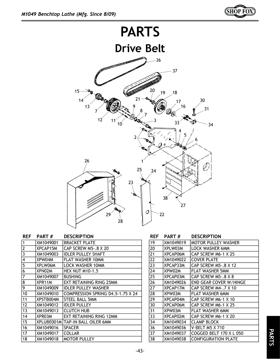 Woodstock M1049 manual Parts, Drive Belt 