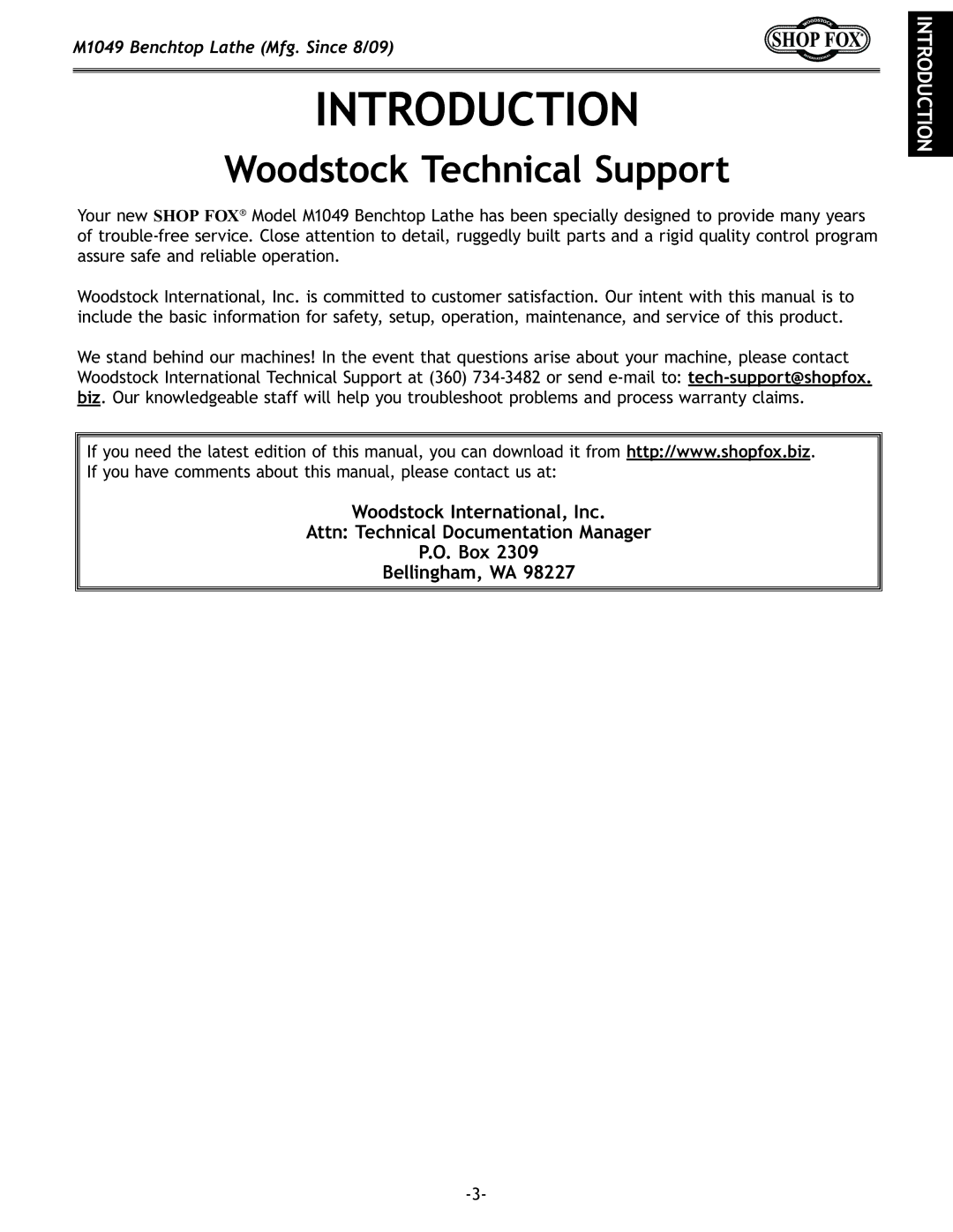 Woodstock M1049 manual Introduction, Woodstock Technical Support 