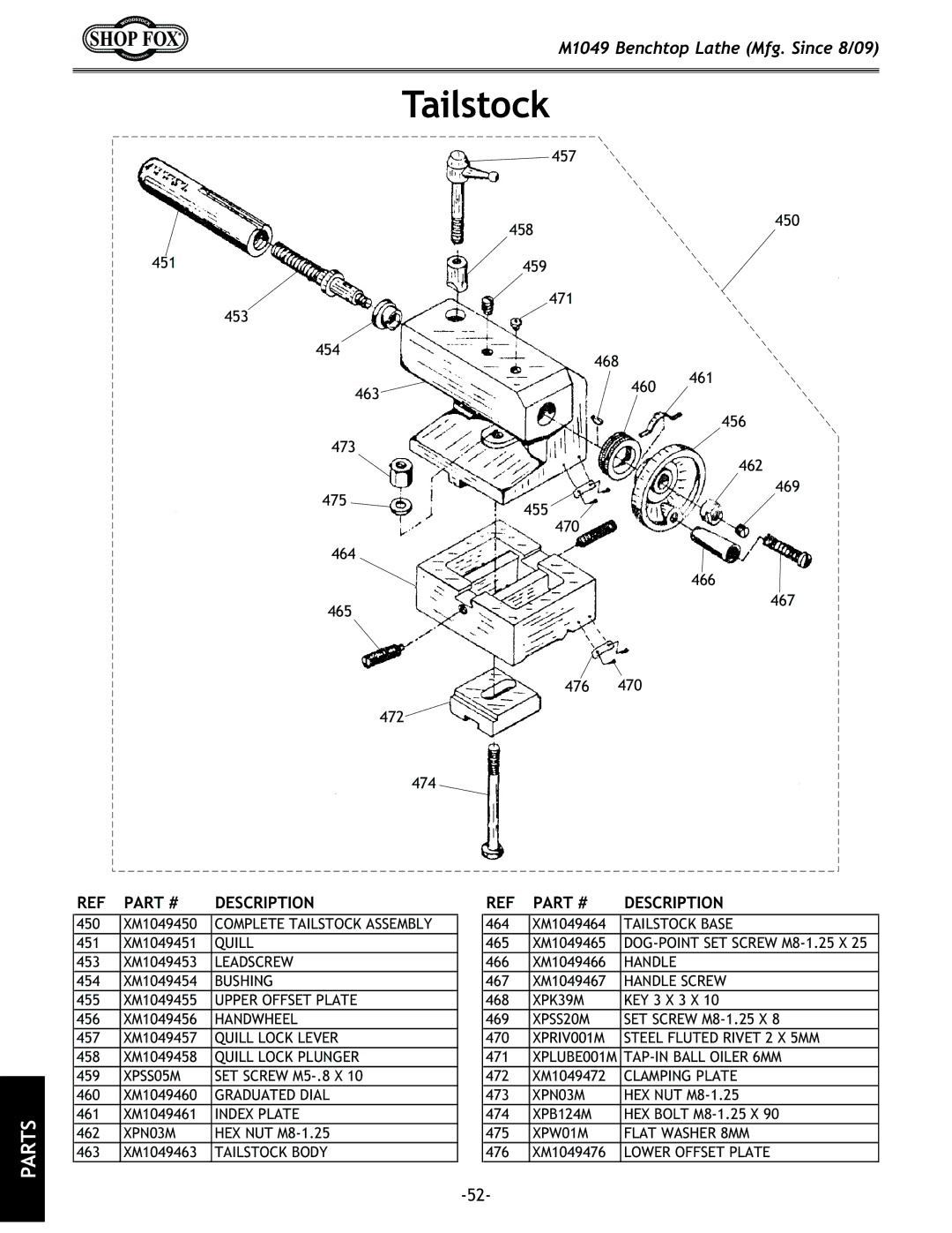 Woodstock M1049 manual Tailstock 