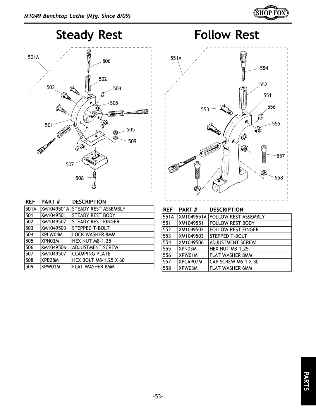 Woodstock M1049 manual Steady Rest, Follow Rest 