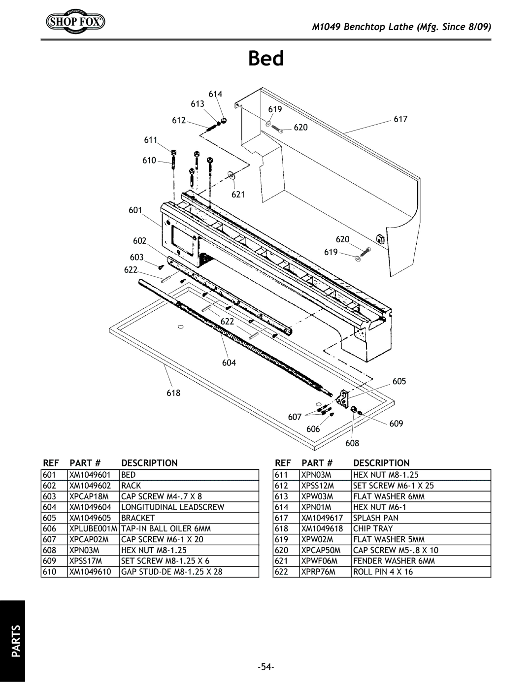 Woodstock M1049 manual Bed 