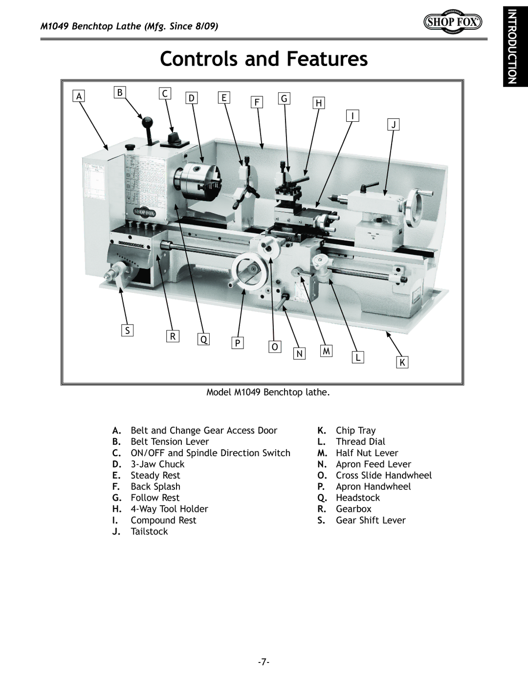 Woodstock M1049 manual Controls and Features 