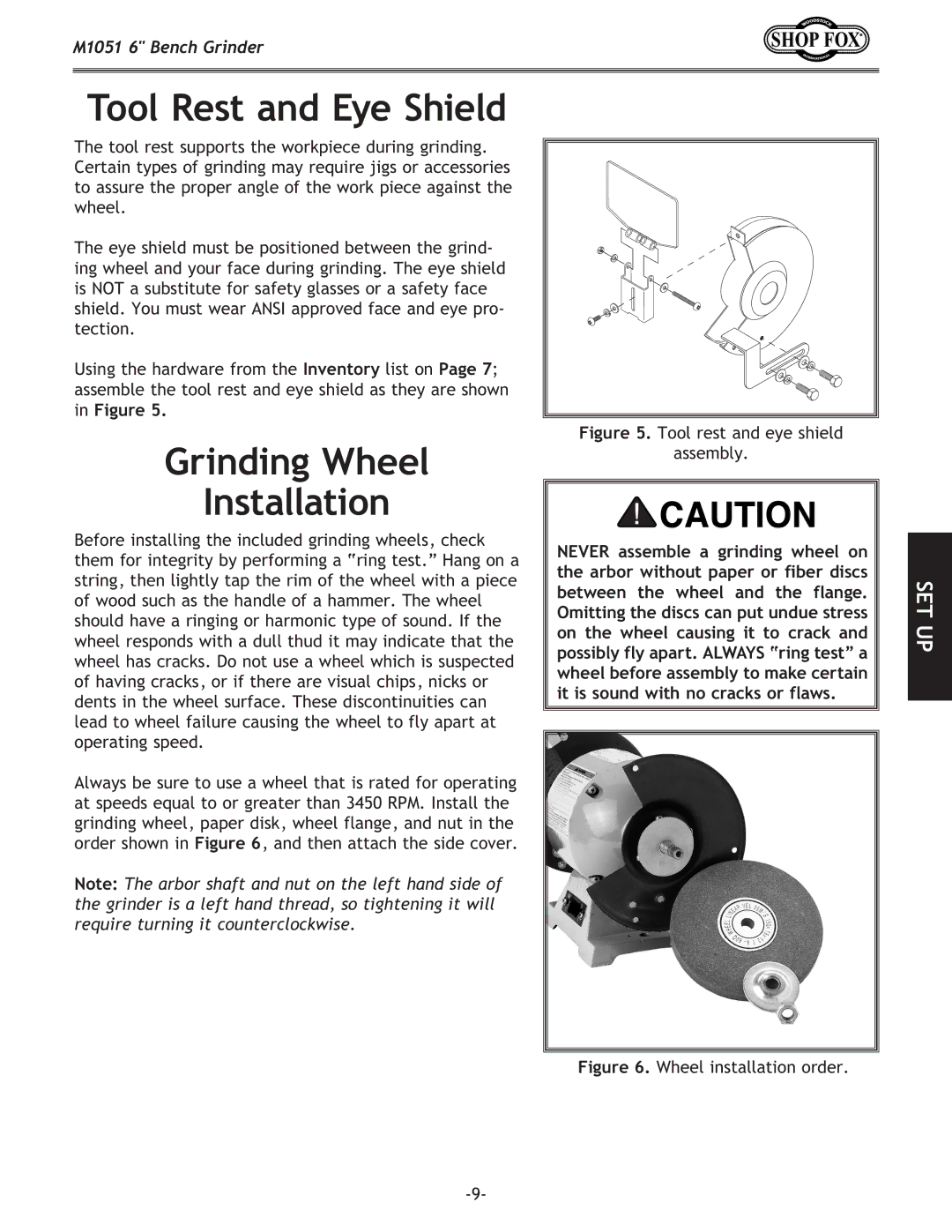 Woodstock M1051 owner manual Tool Rest and Eye Shield, Grinding Wheel Installation 