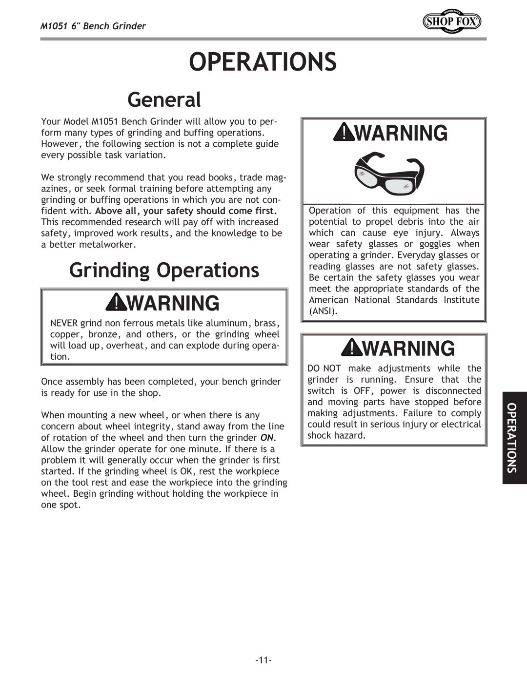 Woodstock M1051 owner manual General, Grinding Operations 