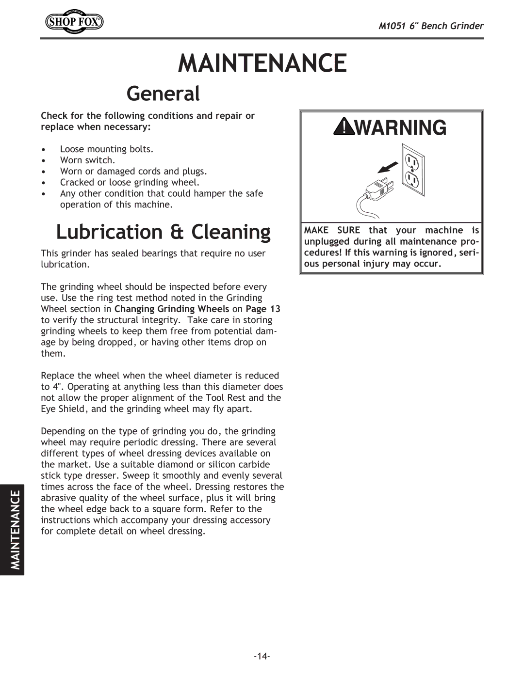 Woodstock M1051 owner manual Maintenance, Lubrication & Cleaning 