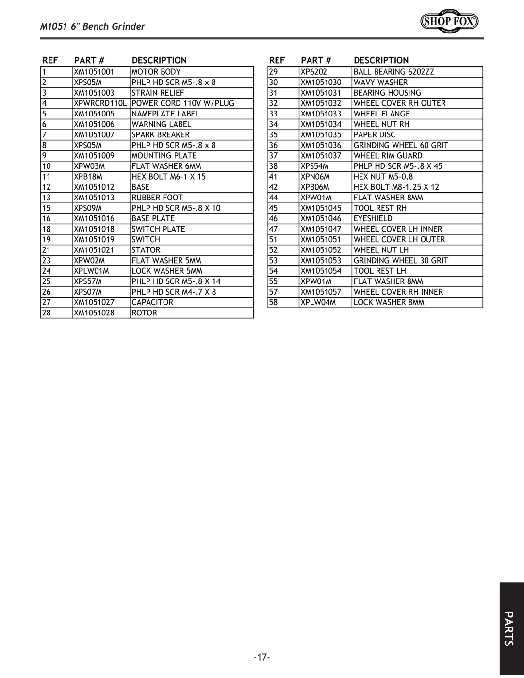 Woodstock M1051 owner manual Parts 