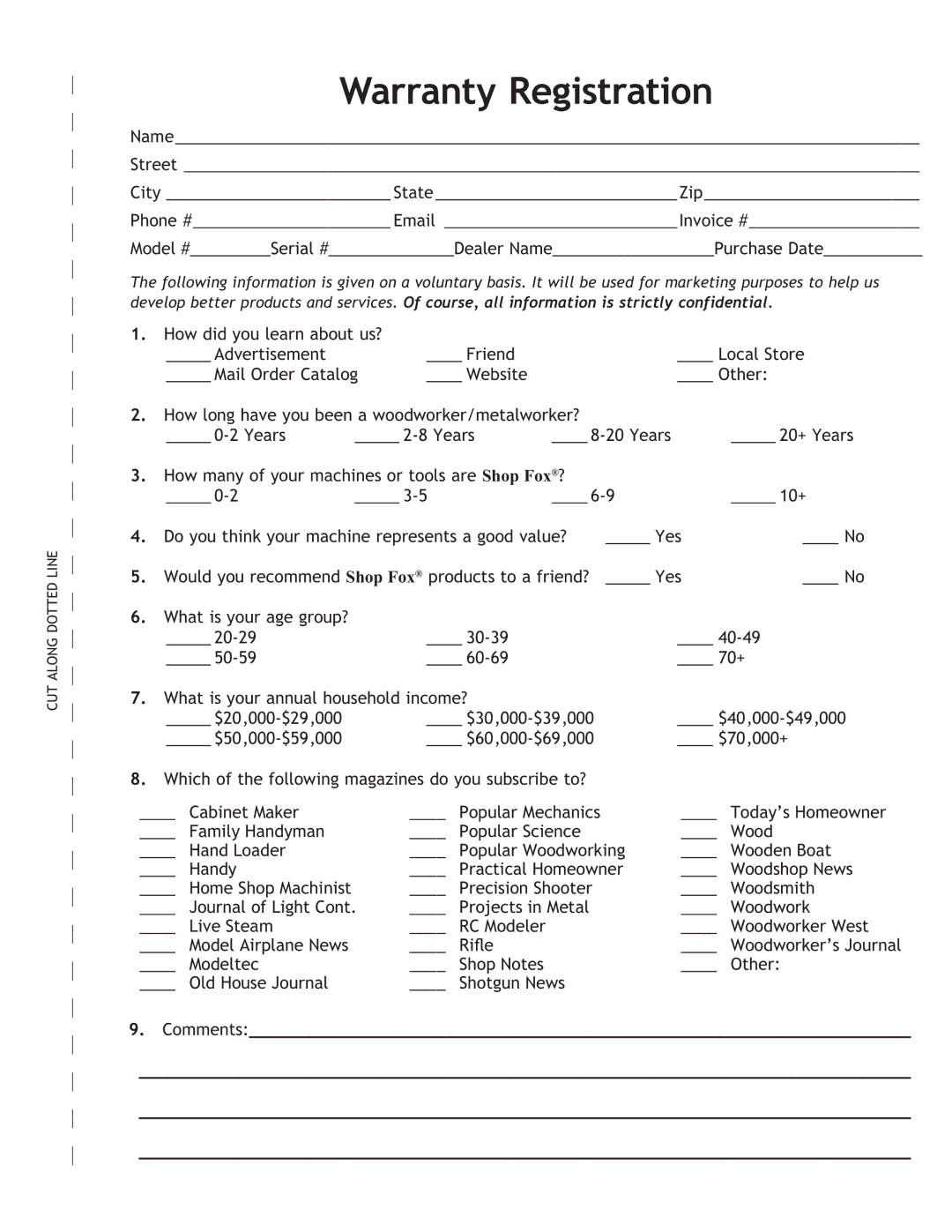 Woodstock M1051 owner manual Warranty Registration, Comments 