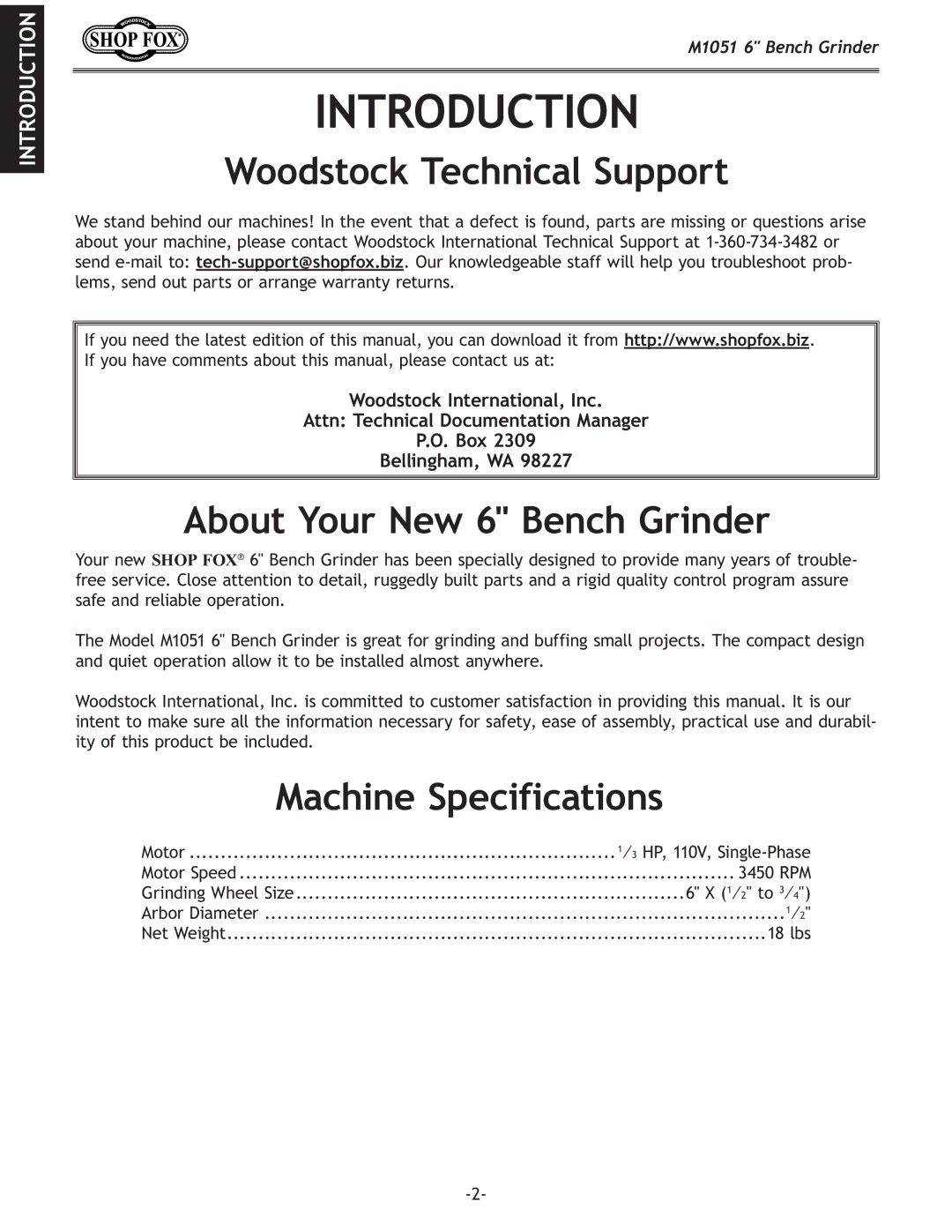 Woodstock M1051 Introduction, Woodstock Technical Support, About Your New 6 Bench Grinder, Machine Specifications 