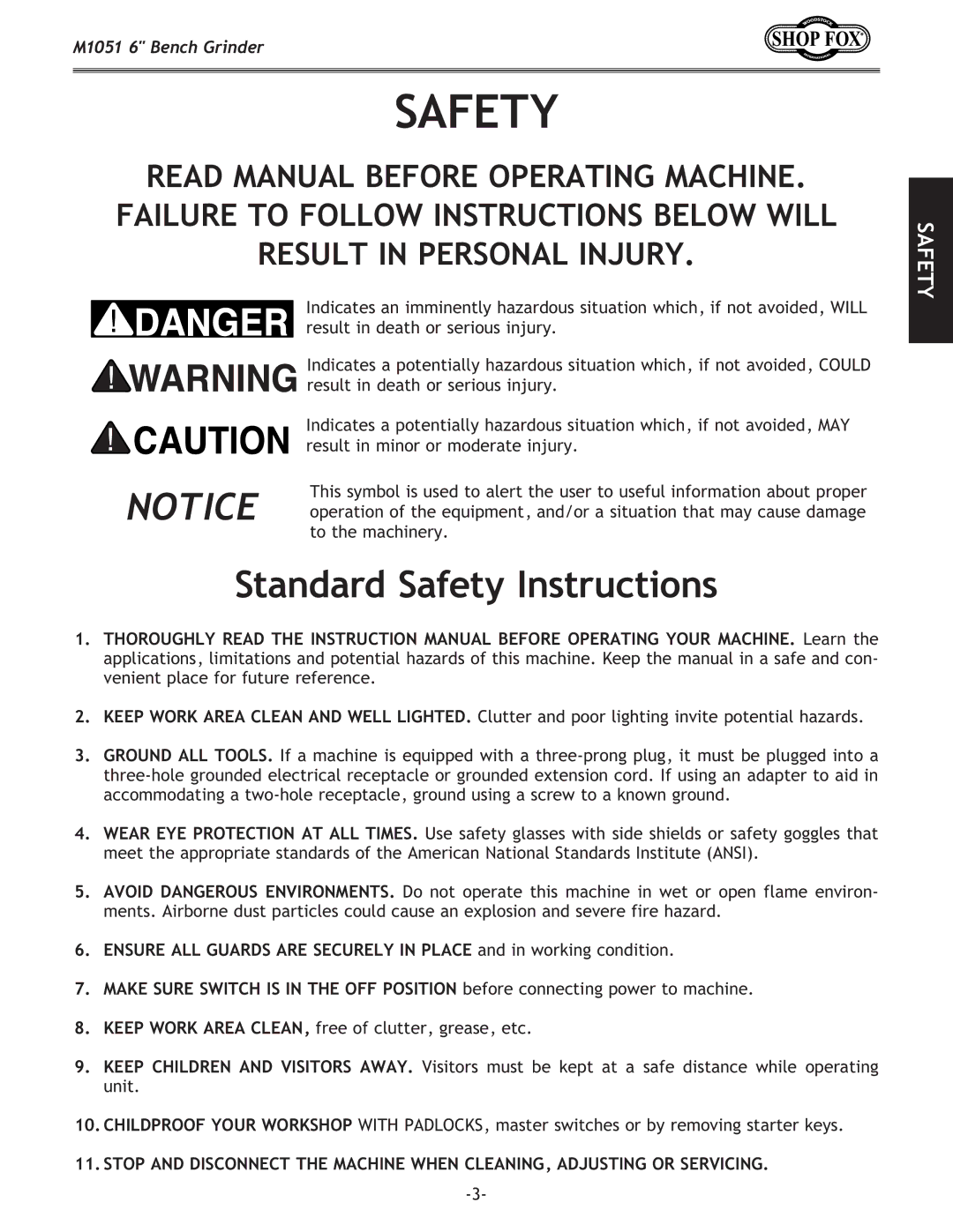 Woodstock M1051 owner manual Standard Safety Instructions 