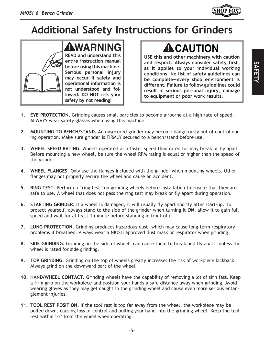 Woodstock M1051 owner manual Additional Safety Instructions for Grinders 