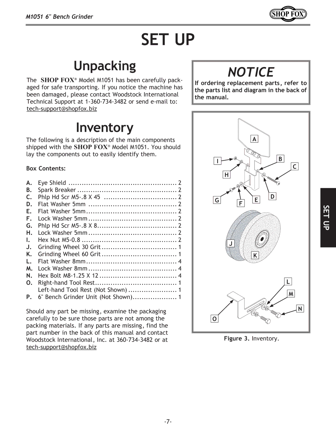 Woodstock M1051 owner manual Set Up, Unpacking, Inventory, Box Contents 