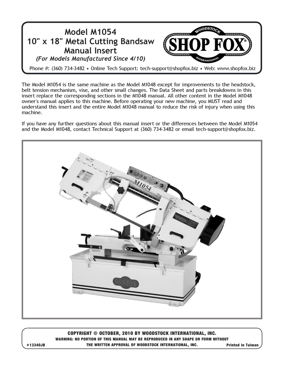 Woodstock owner manual Model M1054 10 x 18 Metal Cutting Bandsaw Manual Insert 