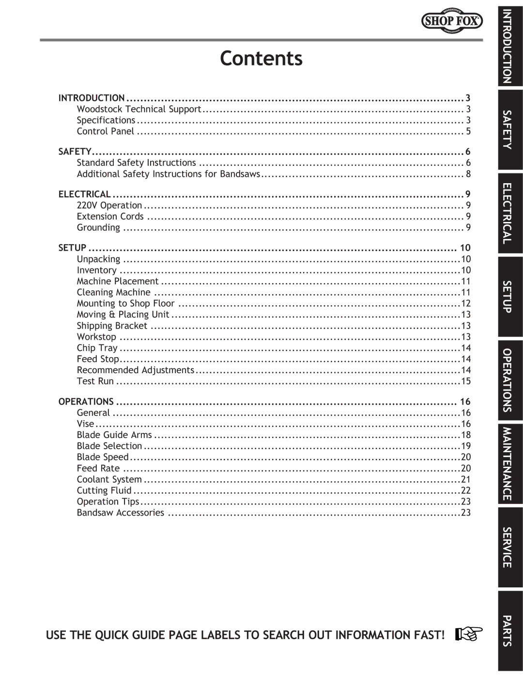 Woodstock M1054 owner manual Contents 