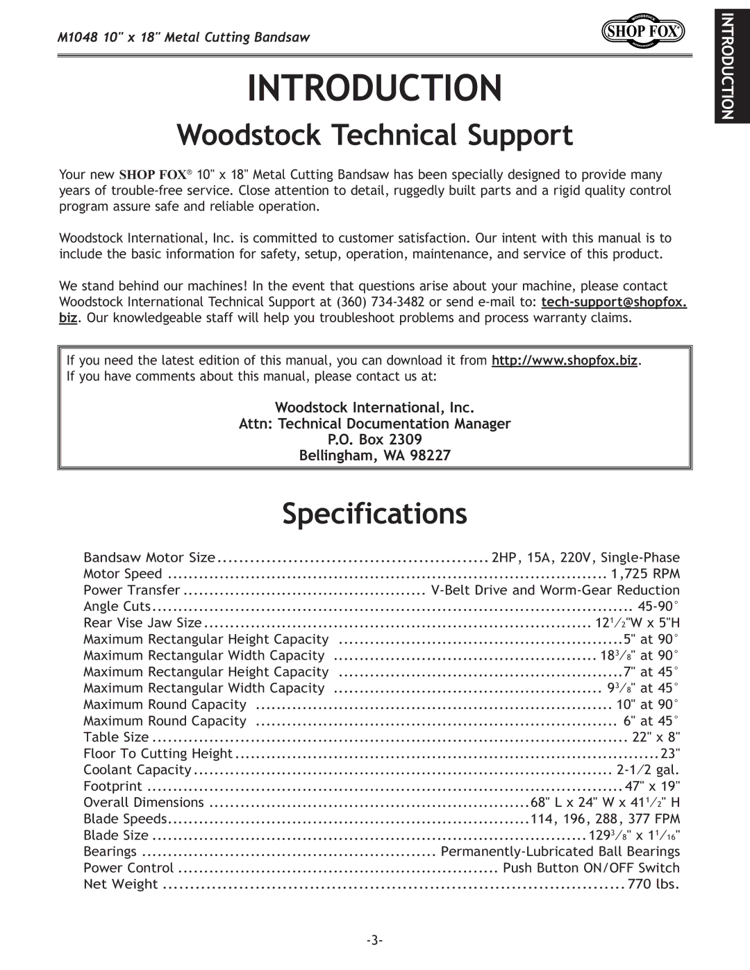 Woodstock M1054 owner manual Introduction, Woodstock Technical Support, Specifications 