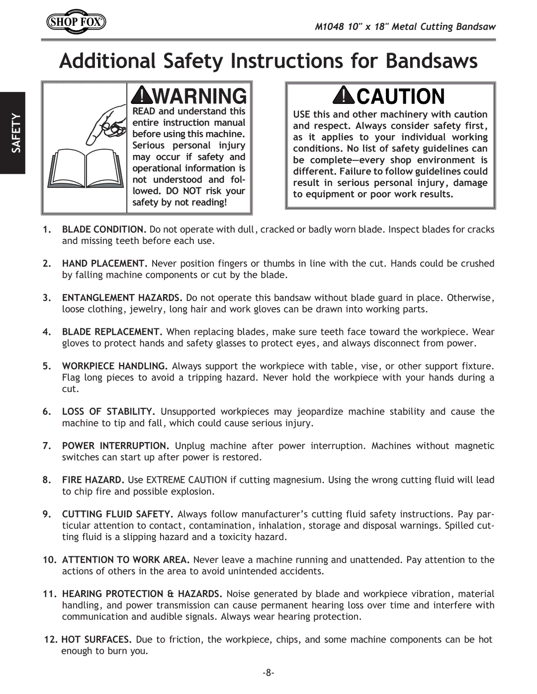 Woodstock M1054 owner manual Additional Safety Instructions for Bandsaws 