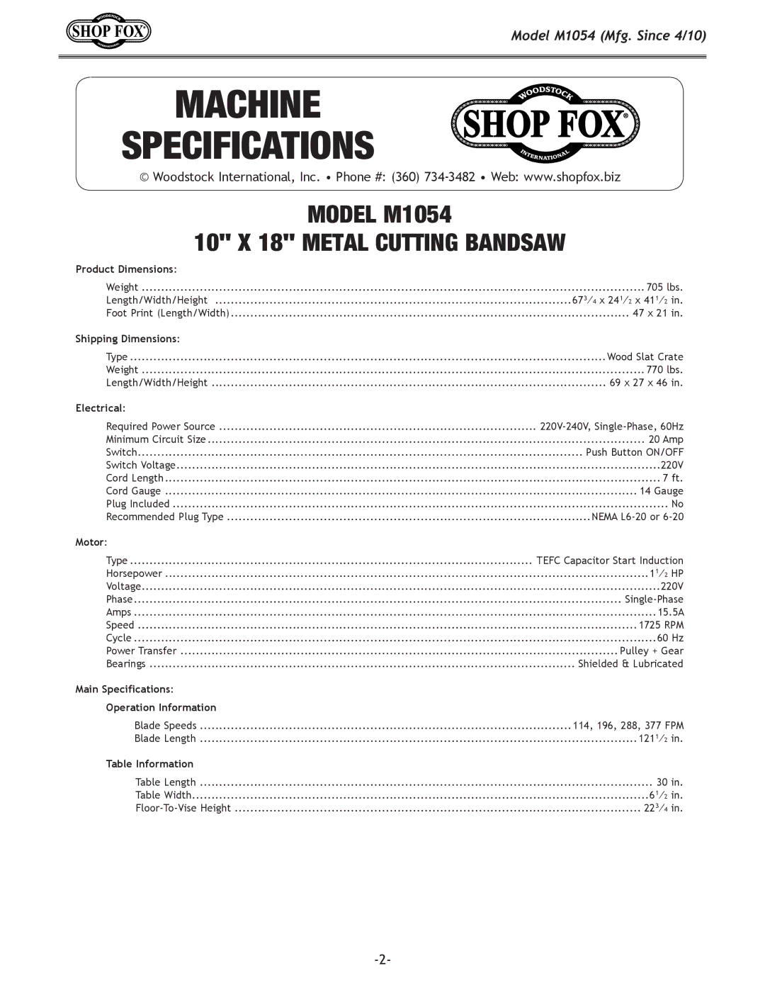 Woodstock M1054 owner manual Machine Specifications 