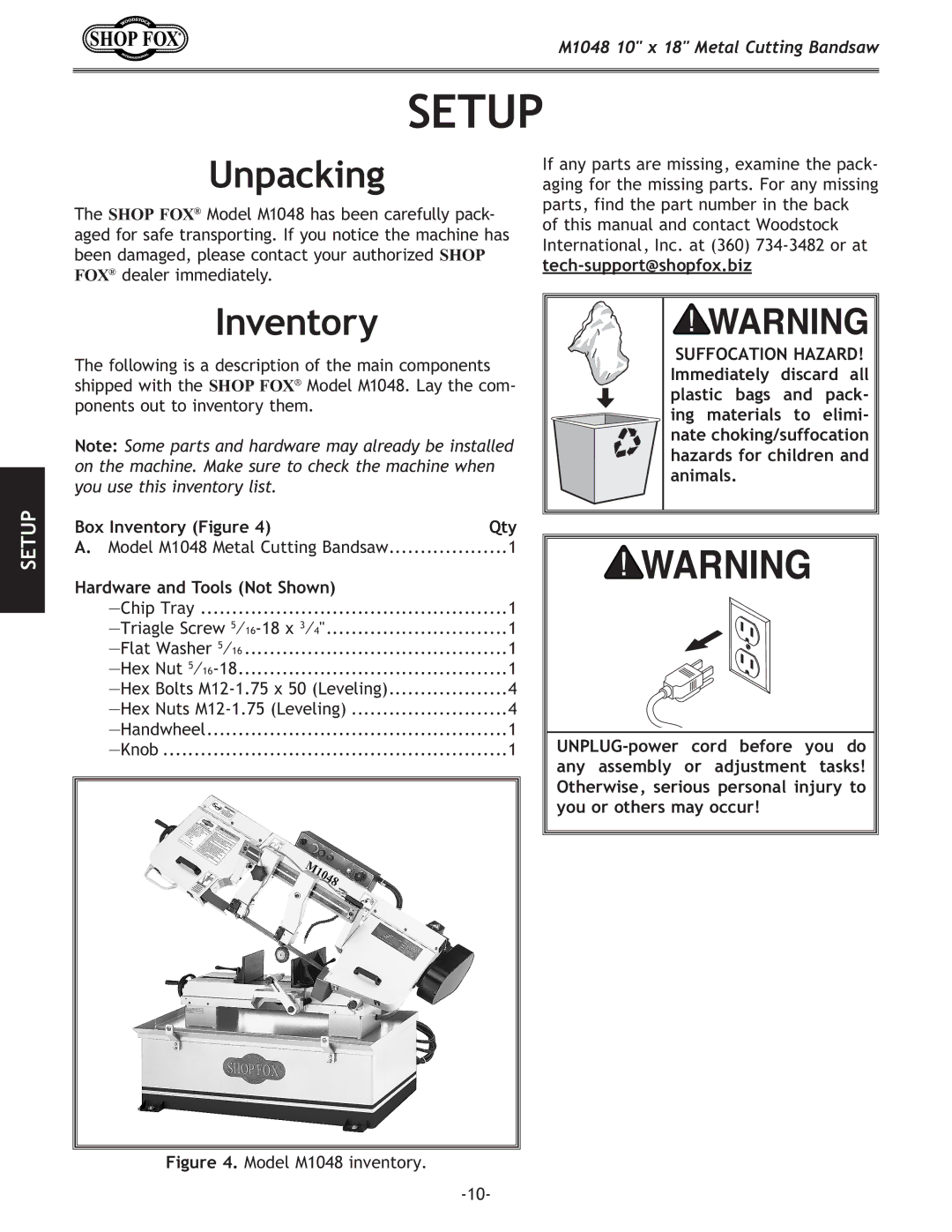 Woodstock M1054 owner manual Setup, Unpacking, Box Inventory Figure Qty, Hardware and Tools Not Shown 