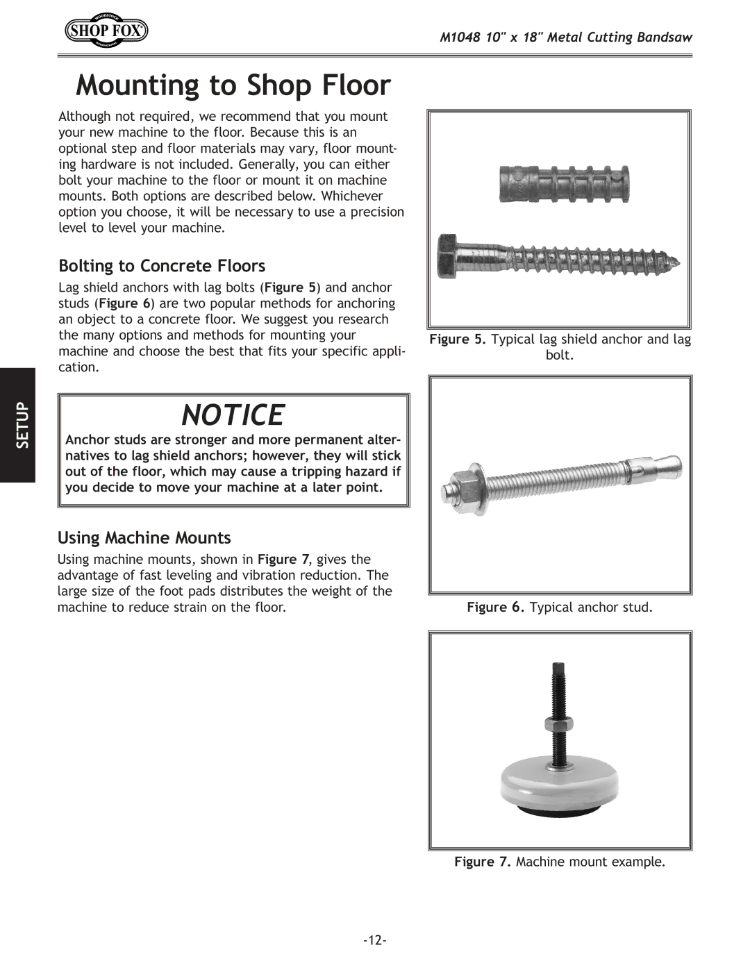 Woodstock M1054 owner manual Mounting to Shop Floor, Bolting to Concrete Floors 