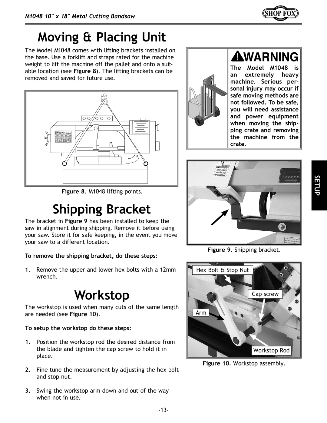 Woodstock M1054 owner manual Moving & Placing Unit, Shipping Bracket, Workstop, To setup the workstop do these steps 