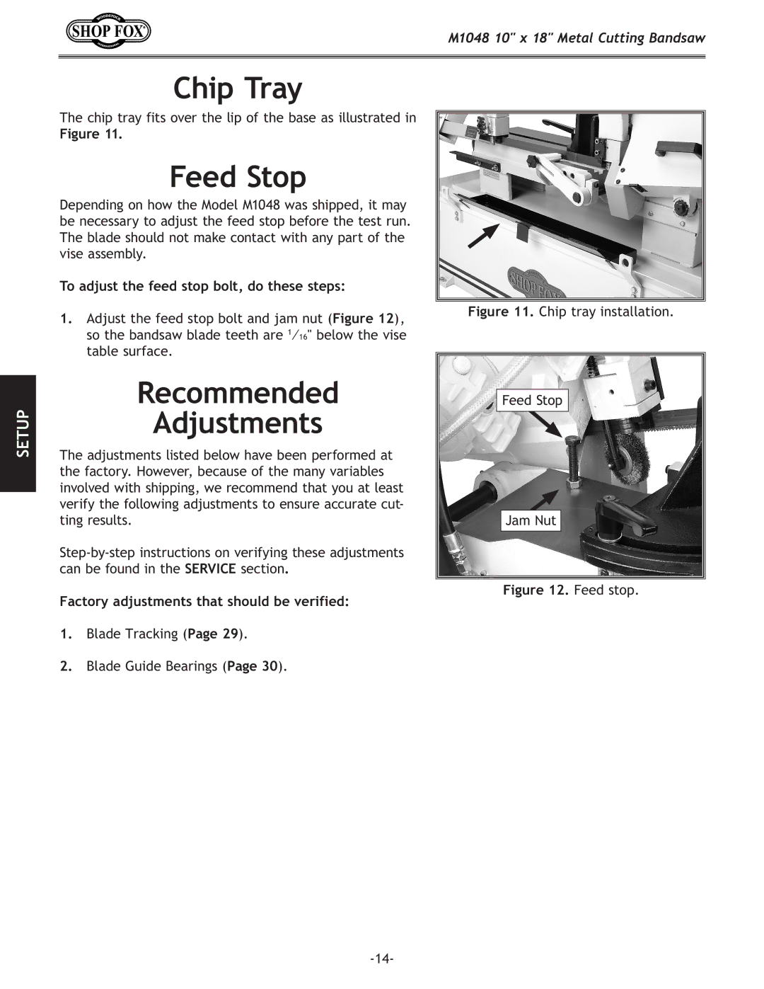 Woodstock M1054 owner manual Chip Tray, Feed Stop, Recommended Adjustments, To adjust the feed stop bolt, do these steps 