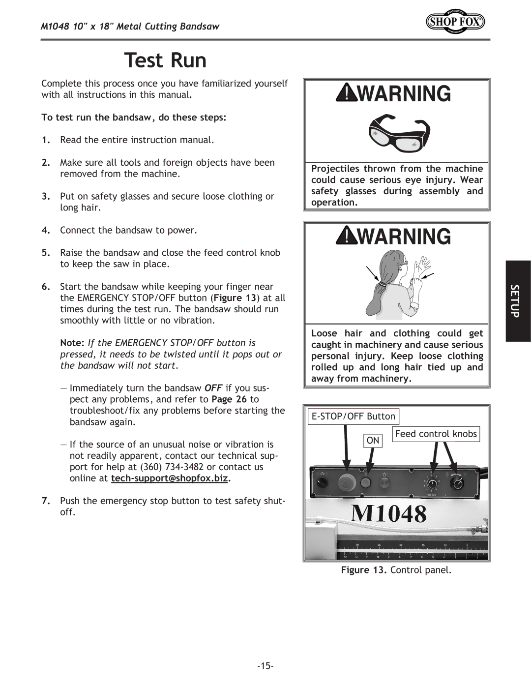 Woodstock M1054 owner manual Test Run, To test run the bandsaw, do these steps 