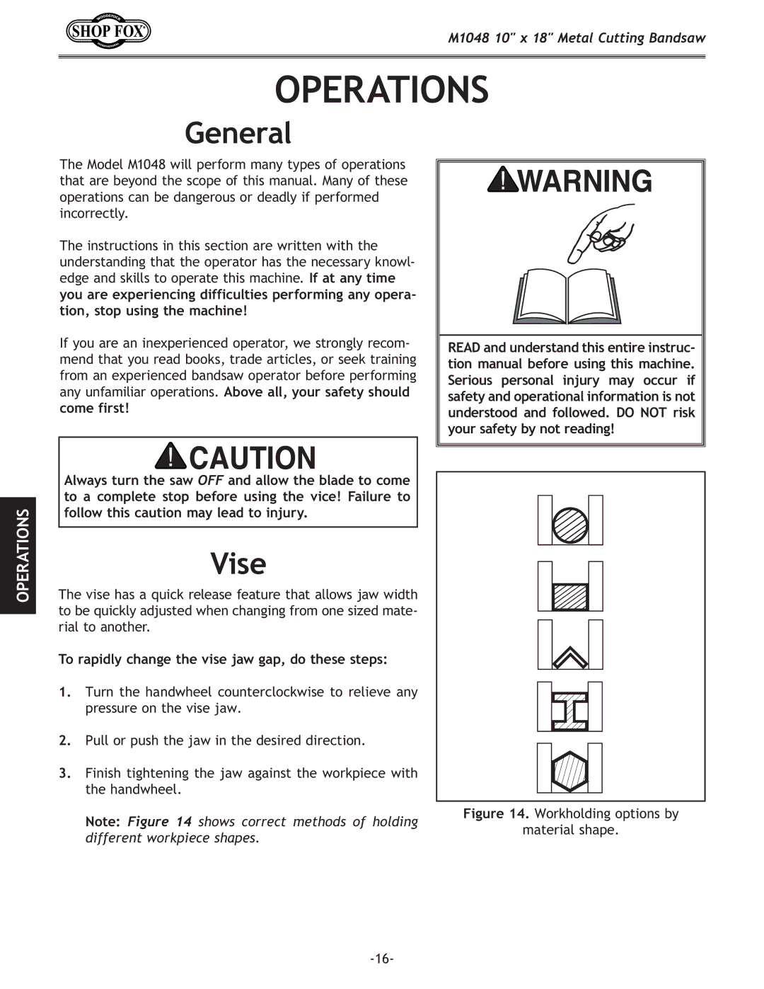 Woodstock M1054 owner manual Operations, General, Vise, To rapidly change the vise jaw gap, do these steps 