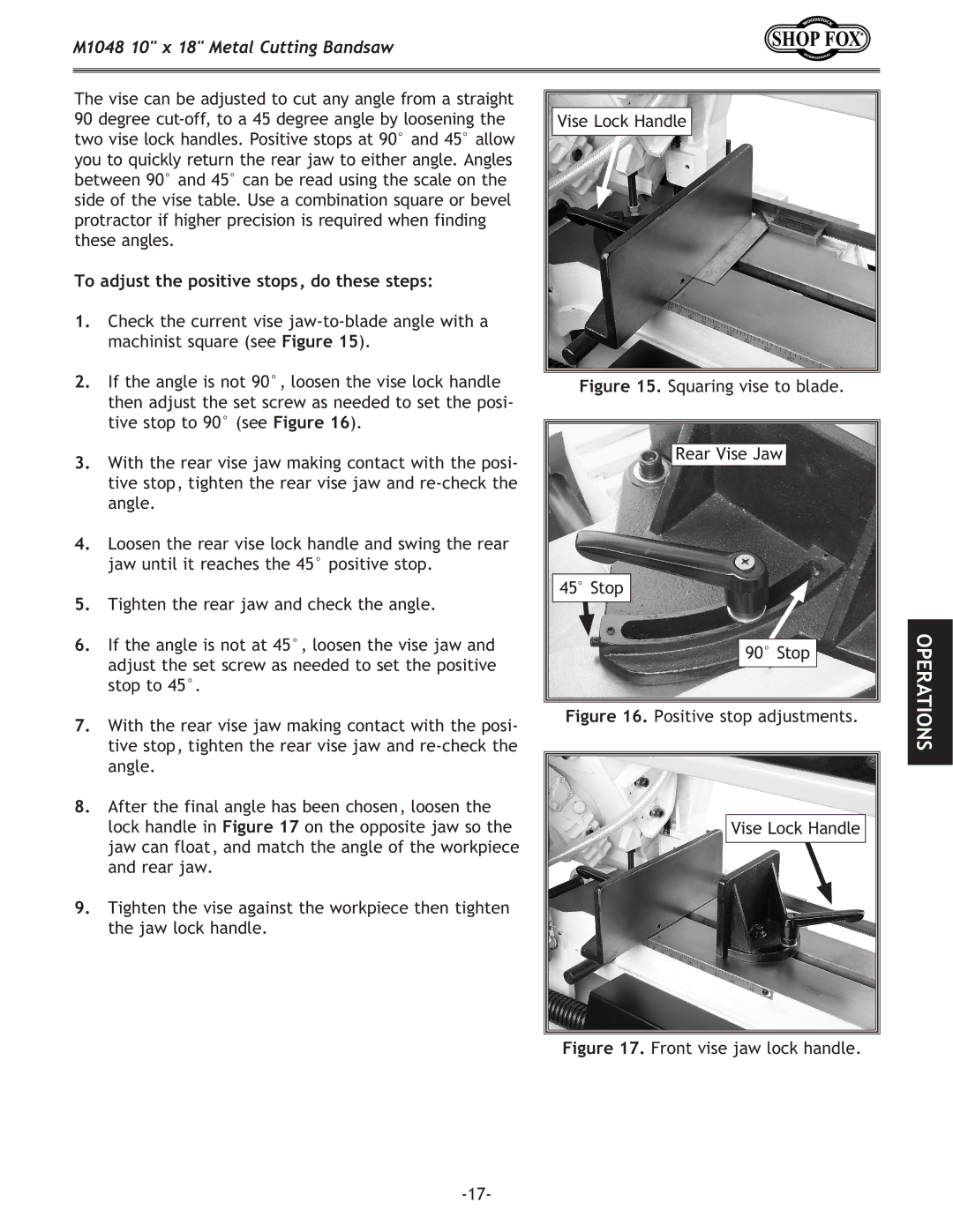 Woodstock M1054 owner manual To adjust the positive stops, do these steps, Squaring vise to blade Rear Vise Jaw Stop 