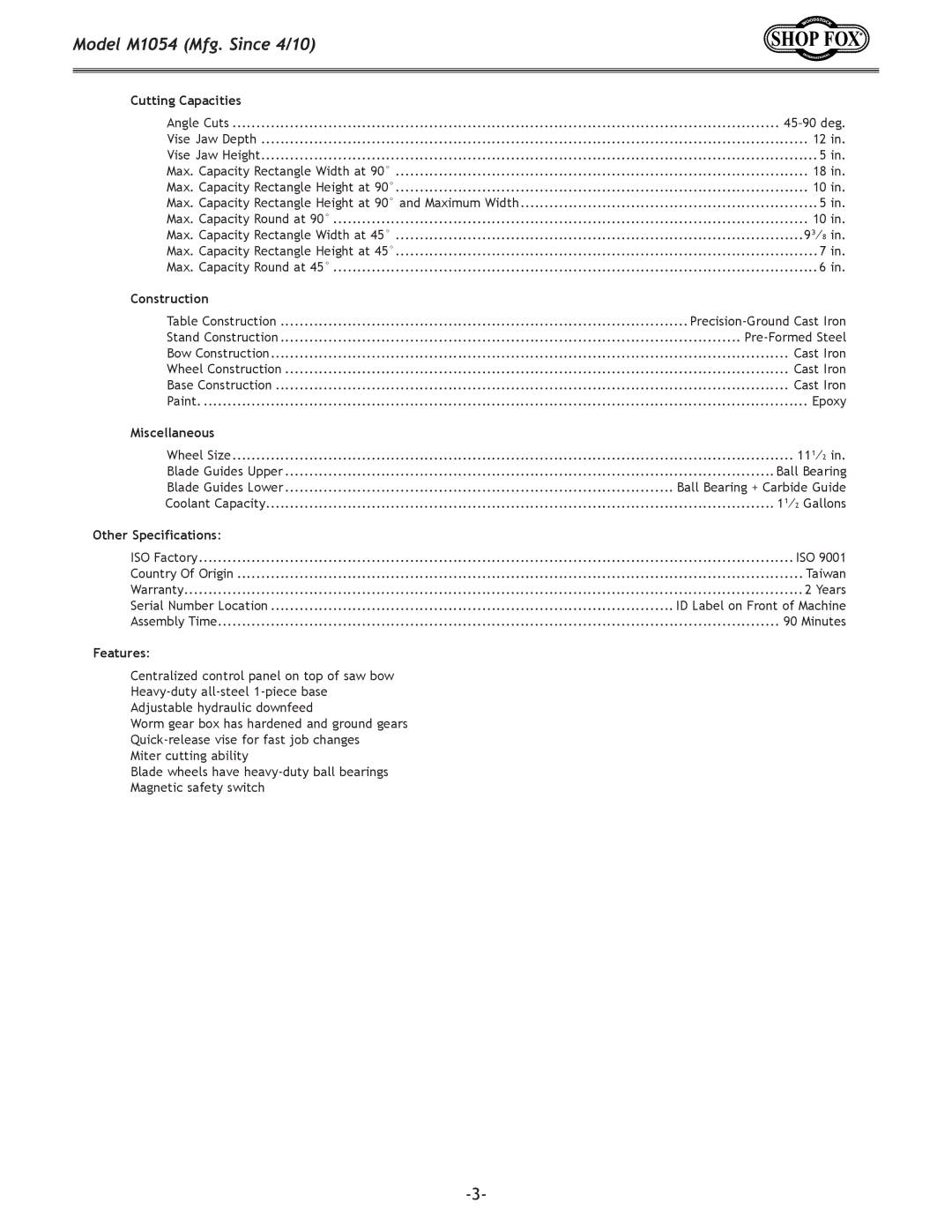 Woodstock M1054 owner manual Cutting Capacities 