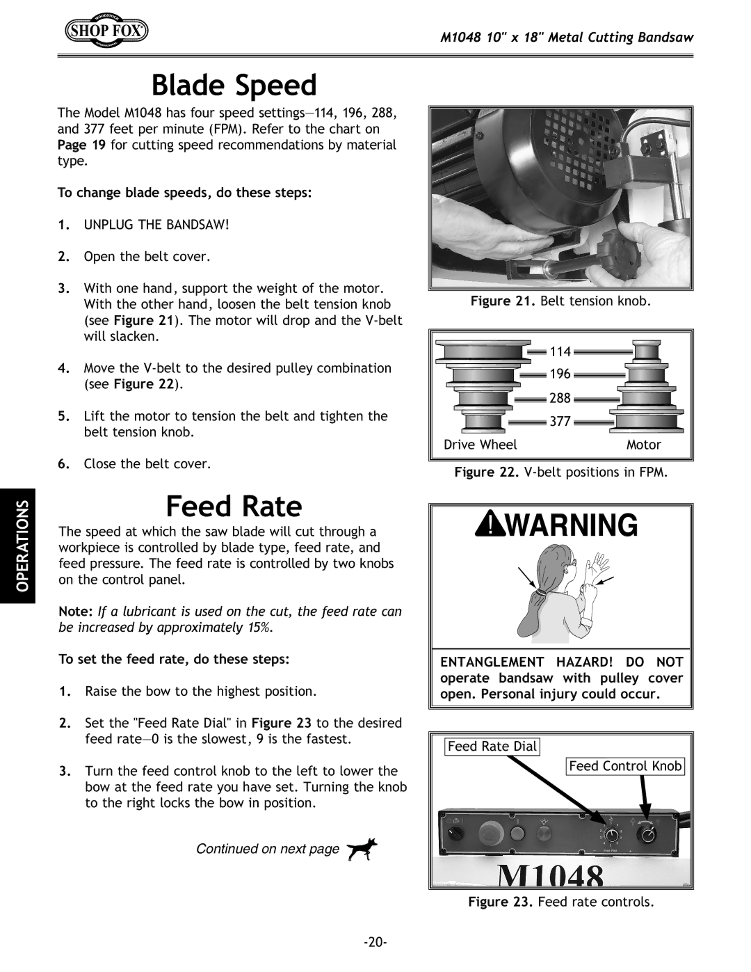 Woodstock M1054 Blade Speed, Feed Rate, To change blade speeds, do these steps, To set the feed rate, do these steps 