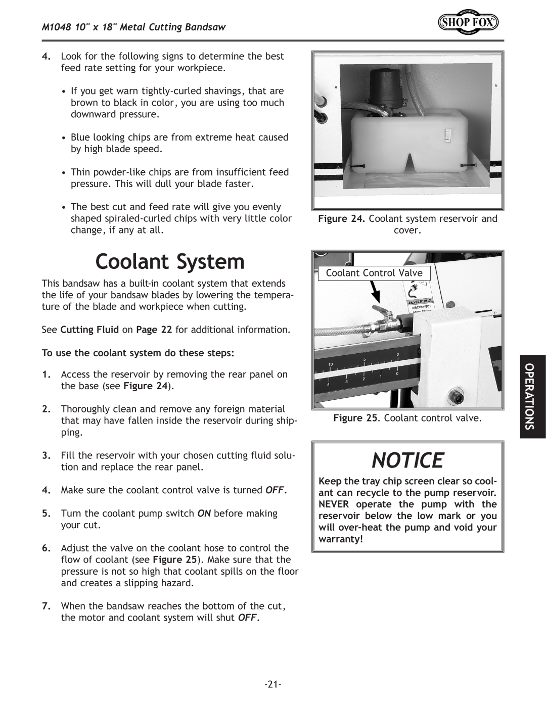 Woodstock M1054 owner manual Coolant System, Coolant system reservoir Cover Coolant Control Valve 