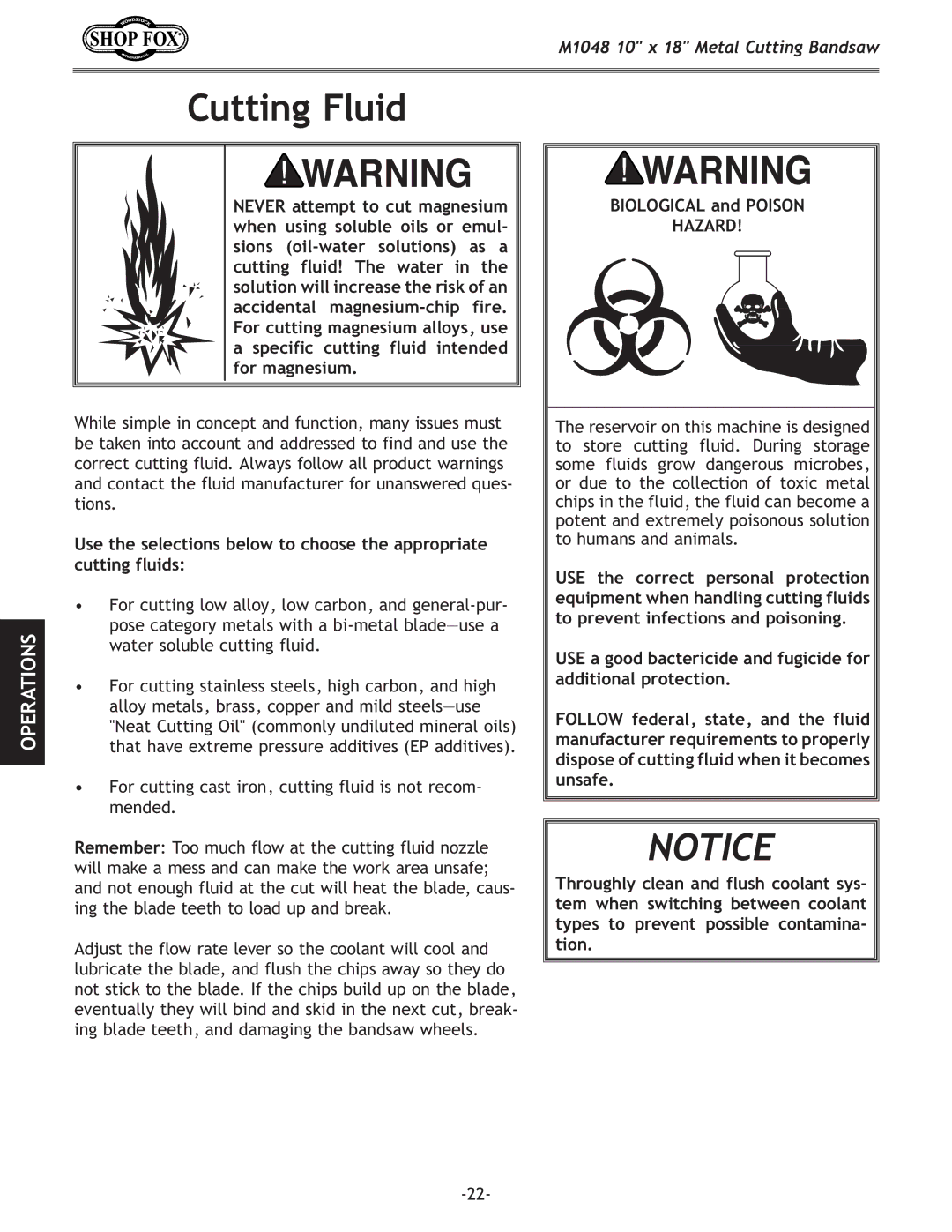 Woodstock M1054 owner manual Cutting Fluid, Biological and Poison 