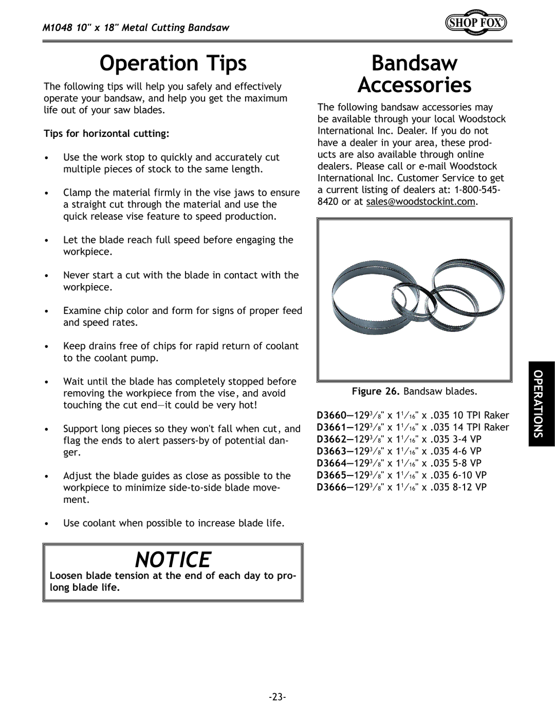 Woodstock M1054 owner manual Operation Tips, Bandsaw Accessories, Tips for horizontal cutting 