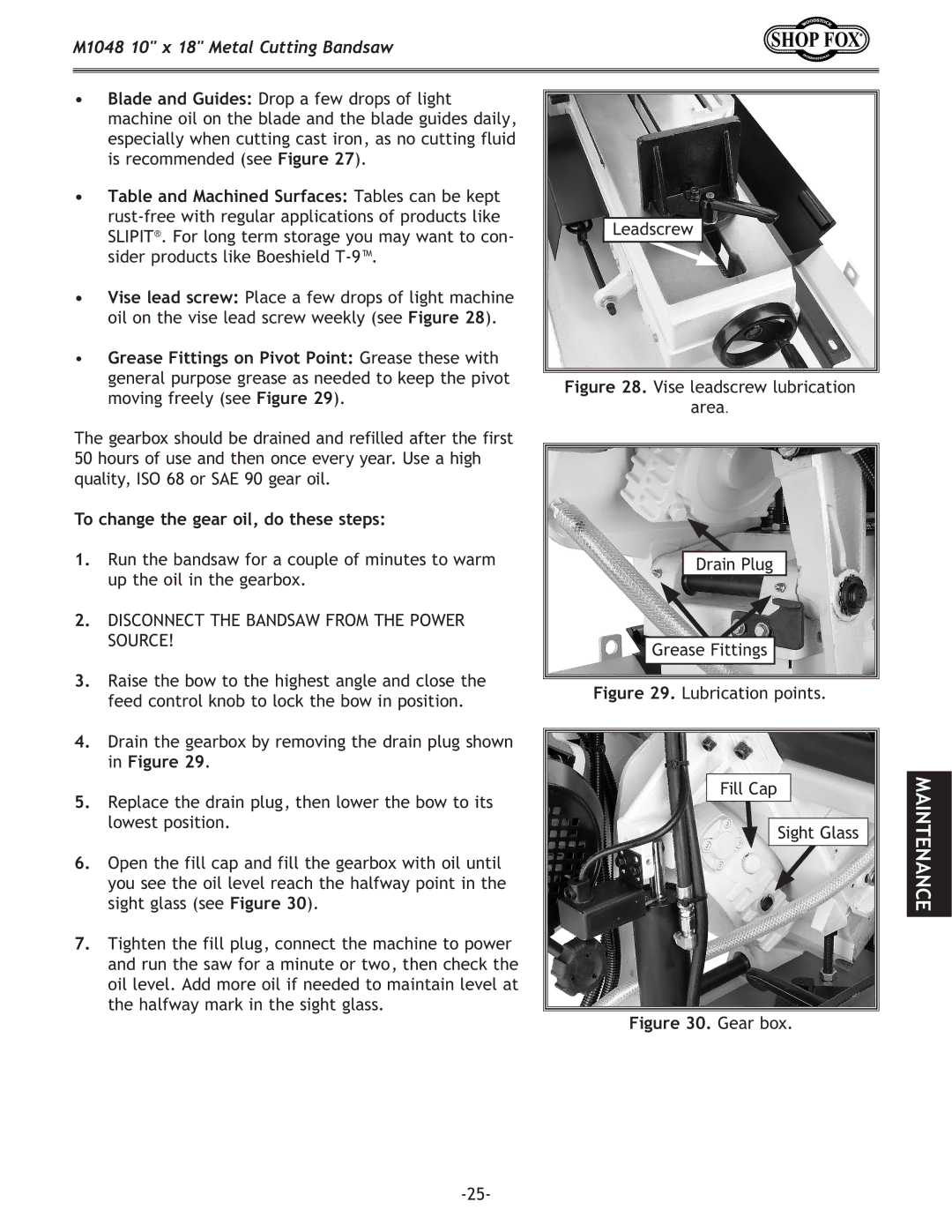 Woodstock M1054 owner manual To change the gear oil, do these steps, Gear box 