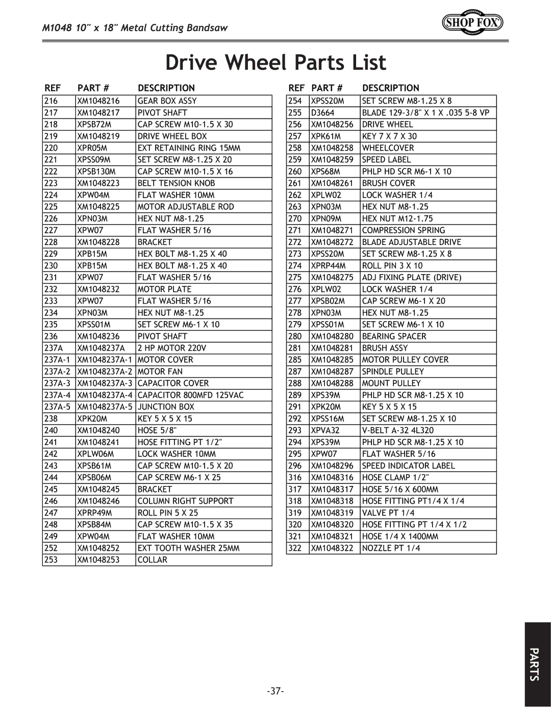 Woodstock M1054 owner manual Drive Wheel Parts List 